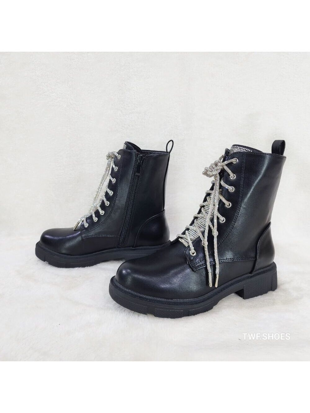 Rylee Black Combat Ankle Boots Iridescent Rhinestone Tongue and Rope Laces